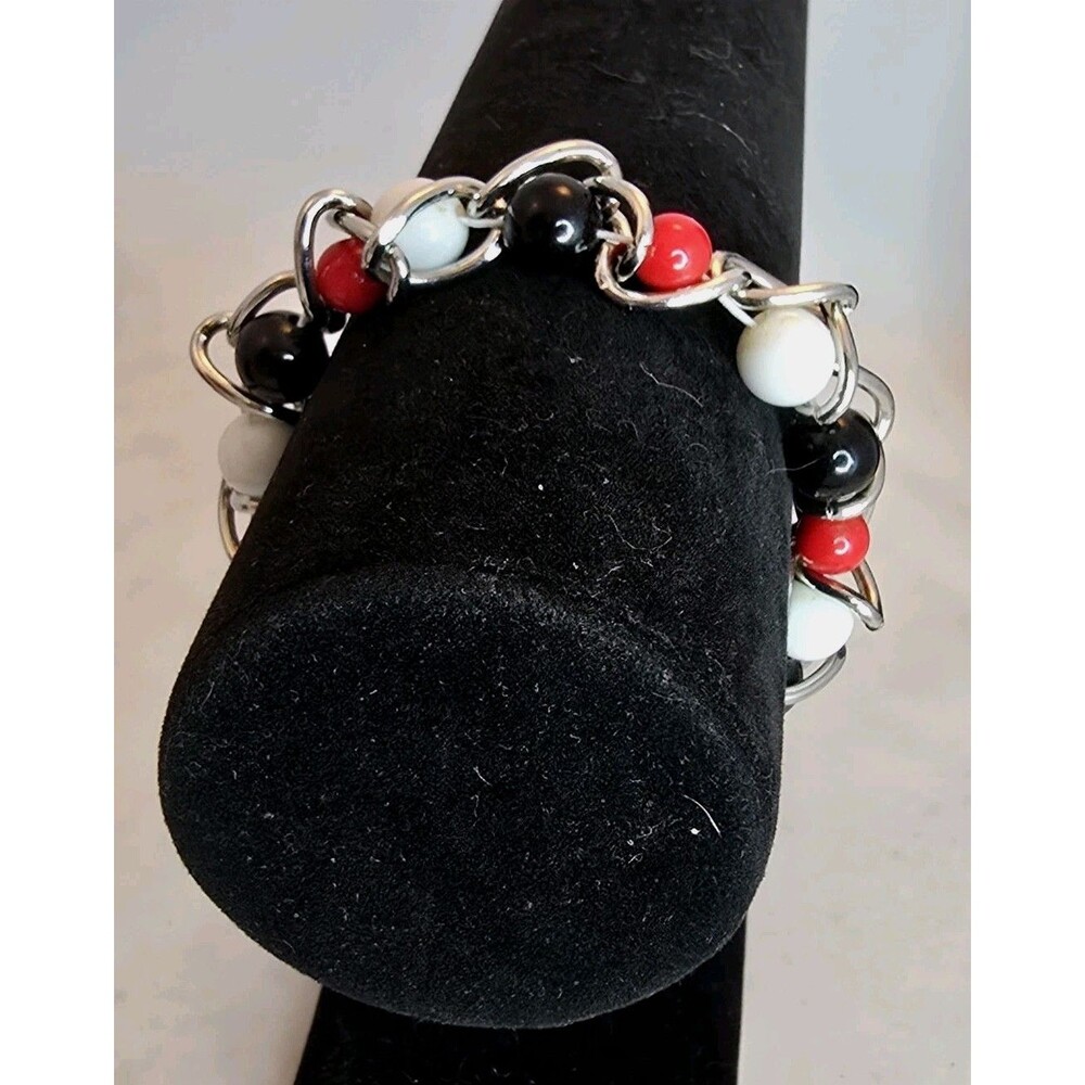 Chunky Chain Stretch Bracelet Red Black White Beaded Silver Tone Edgy Y2K #867